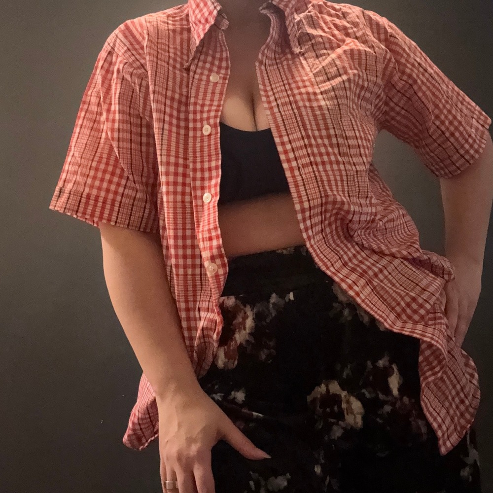 Vintage 70s Short Sleeves‎ Plaid Shirt Elevated Basics Red Dagger Collar Cotton